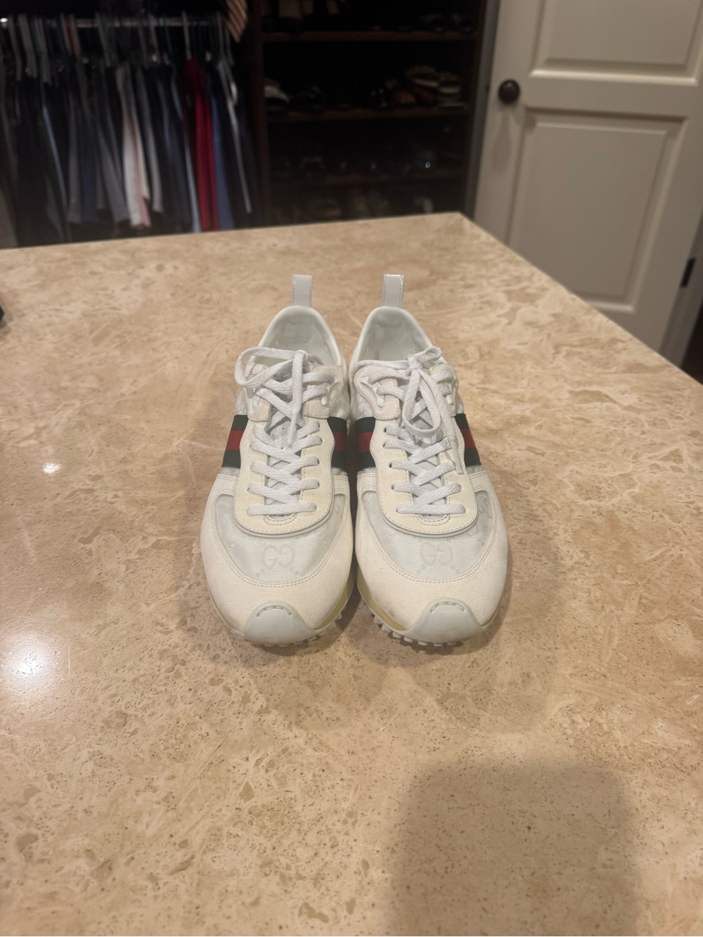 Gucci White Runner Sneakers with Green and Red Web Stripe